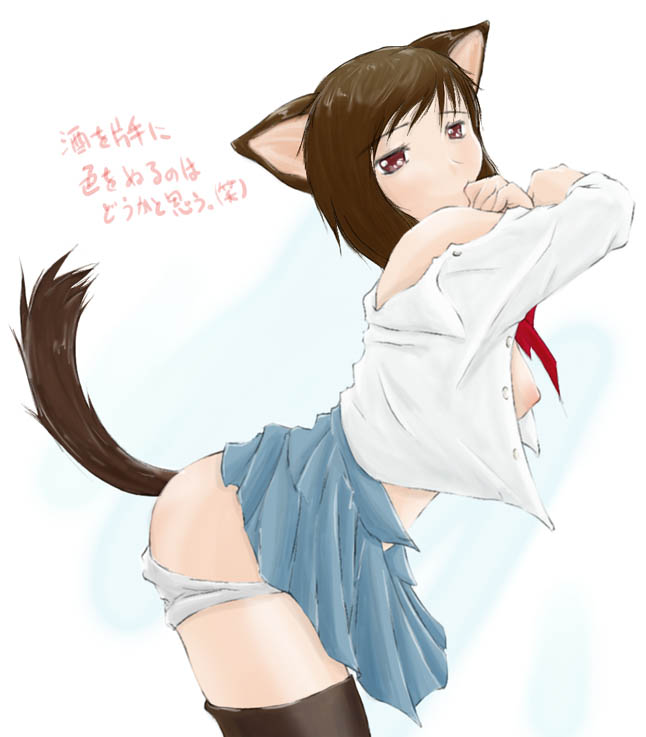 translation request, 1girl, animal ears, breasts, brown hair, female focus, fox ears, medium breasts, nipples, school uniform, serafuku, solo, tail, thighhighs, undressing