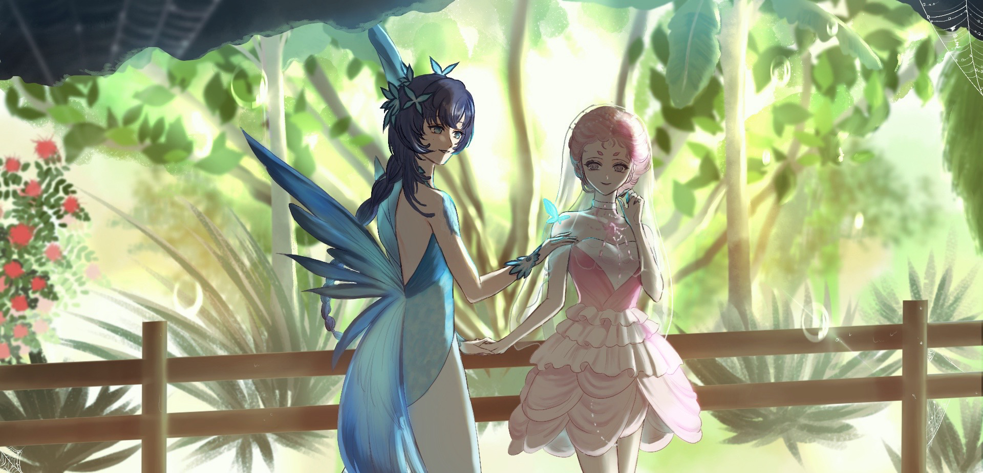 kohanai setsuna, nikki (series), shining nikki, highres, 1boy, 1girl, bare shoulders, blue butterfly, blue dress, blue eyes, blue hair, blue wings, blue wrist cuffs, braid, brown eyes, bug, butterfly, butterfly hair ornament, butterfly wings, choker, closed mouth, collarbone, cowboy shot, crossdressing, crossdressing (mtf), dew drop, dress, evangelos (shining nikki), eyelashes, fence, flower, forest, frilled dress, frills, hair ornament, half updo, holding hands, insect, insect wings, light particles, lightweaving kiss (shining nikki), lipstick, long dress, long hair, makeup, nature, nephiliet, outdoors, outstretched hand, parted lips, pink dress, pink hair, red flower, sapphire dreaming (shining nikki), see-through clothes, see-through veil, short dress, short hair, side slit, silk, single braid, sleeveless, sleeveless dress, smile, spider web, standing, strapless, strapless dress, studded choker, tree, veil, very long hair, water drop, white choker, white veil, wings, wrist cuffs