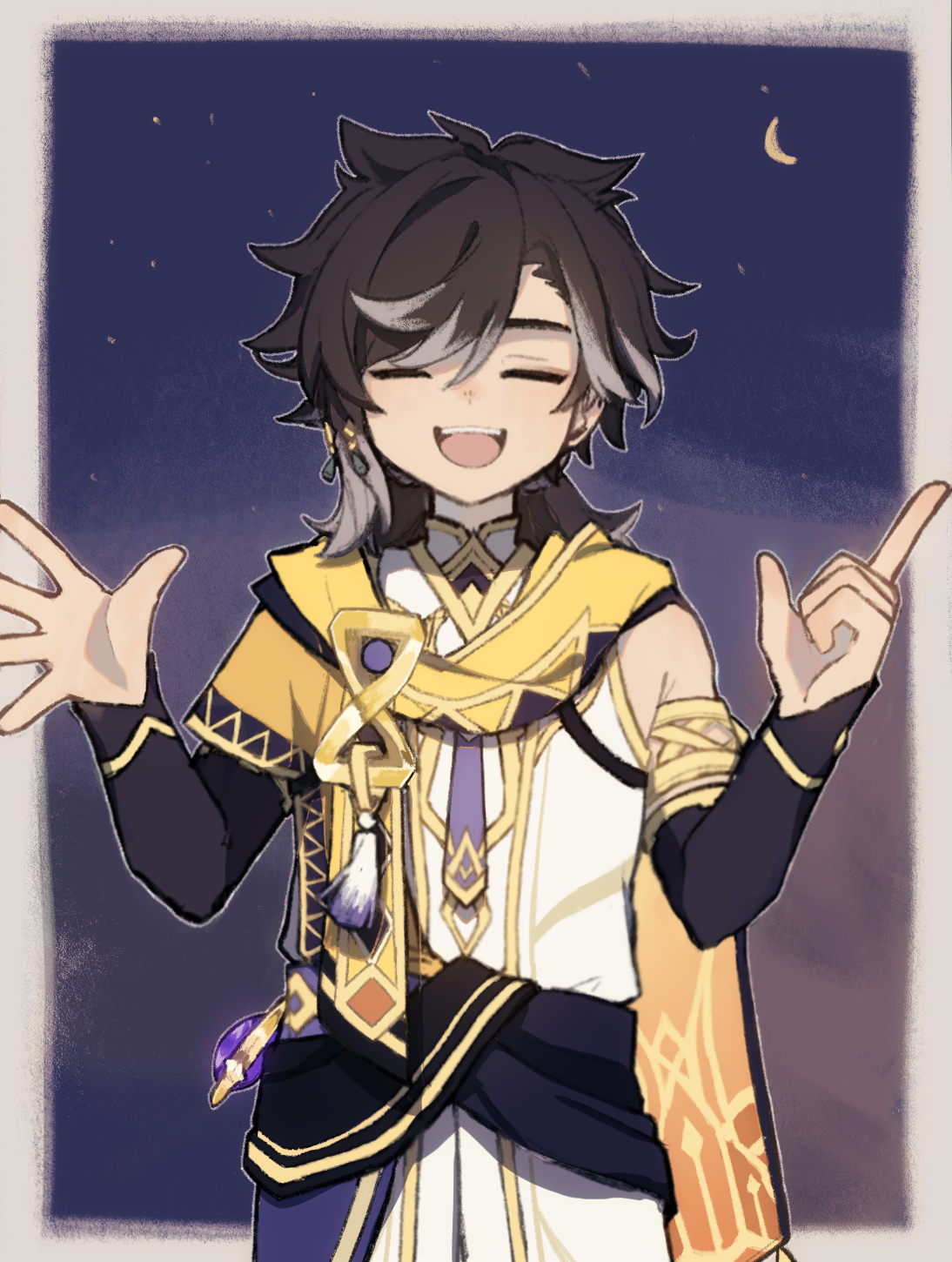 nandaka 0103, sethos (genshin impact), genshin impact, commentary request, highres, 1boy, black hair, closed eyes, crescent moon, day, detached sleeves, facing viewer, grey hair, hair between eyes, hair ornament, long hair, male focus, moon, multicolored hair, night, open mouth, outdoors, solo, tassel, teeth, upper teeth only, vision (genshin impact)