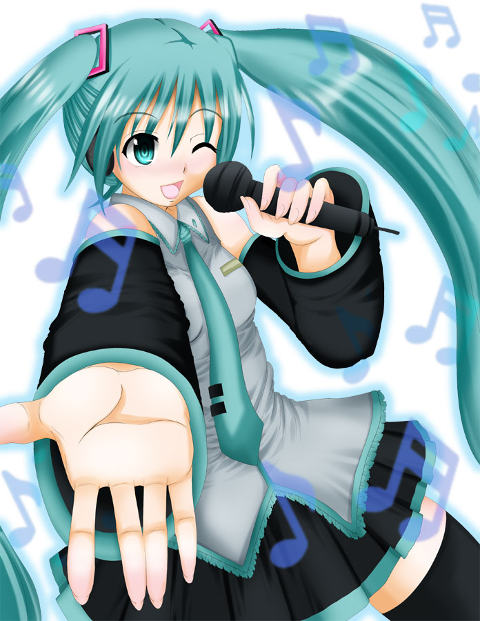 mazakura senju, hatsune miku, vocaloid, detached sleeves, green eyes, green hair, long hair, microphone, necktie, skirt, solo, thighhighs, twintails, very long hair, zettai ryouiki