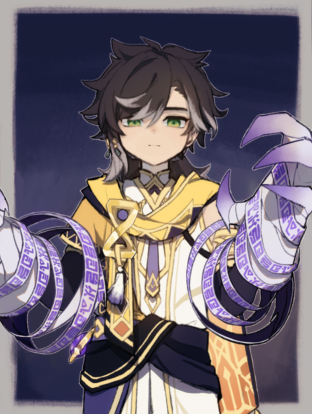 nandaka 0103, sethos (genshin impact), genshin impact, commentary request, highres, 1boy, black hair, claws, closed mouth, detached sleeves, green eyes, grey hair, hair between eyes, hair ornament, long hair, looking at viewer, male focus, multicolored hair, night, outdoors, solo, tassel, vision (genshin impact)