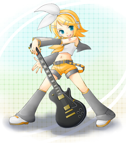 chitose kiiro, epirca, kagamine rin, vocaloid, 1girl, blonde hair, blouse, blush, detached sleeves, female focus, full body, guitar, headphones, instrument, looking at viewer, midriff, shirt, short hair, short shorts, shorts, simple background, solo, standing, swept bangs, thighs, white shirt