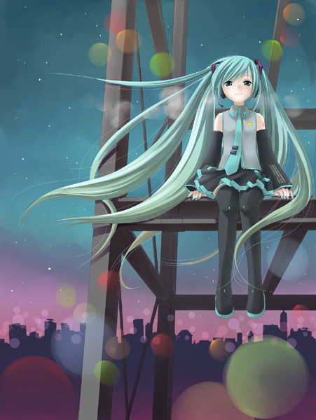 chitose kiiro, epirca, hatsune miku, vocaloid, beam, 1girl, aqua eyes, aqua hair, bare shoulders, blurry, bokeh, boots, construction site, depth of field, detached sleeves, female focus, green eyes, green hair, long hair, matching hair/eyes, necktie, night, night sky, sitting, skirt, sky, skyline, solo, star (sky), star (symbol), starry sky, thigh boots, thighhighs, twilight, twintails, very long hair, wind