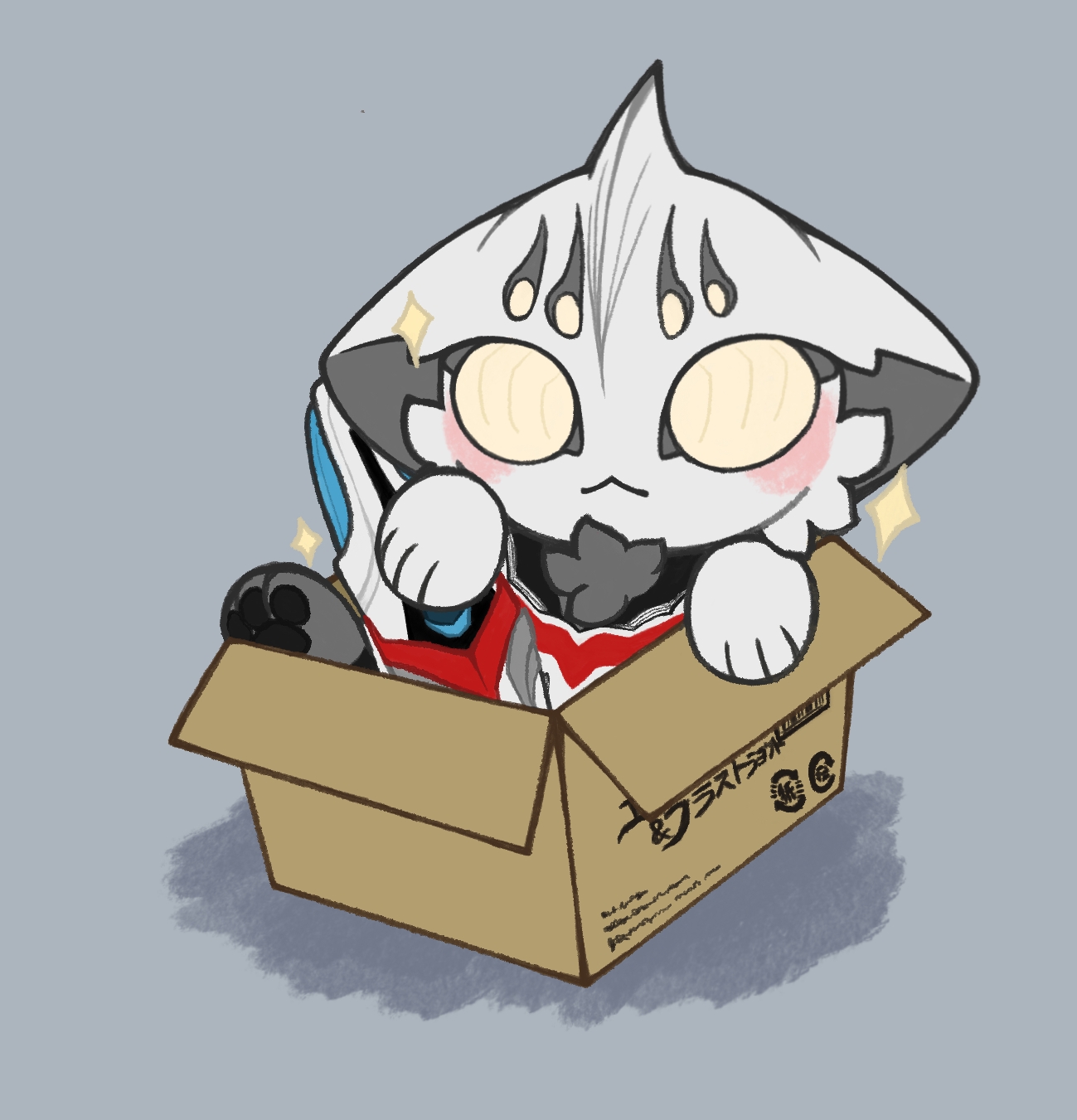 ultraman nexus, ultraman nexus anphans, ultra series, ultraman nexus (series), highres, :3, alien, animal, animal focus, animalization, box, cat, chest fur, closed mouth, color timer, dorsal fin, droopy ears, evoltruster, grey background, grey cat, holding, in box, in container, ling ayi, looking at viewer, no humans, simple background, solo, sparkle, yellow eyes