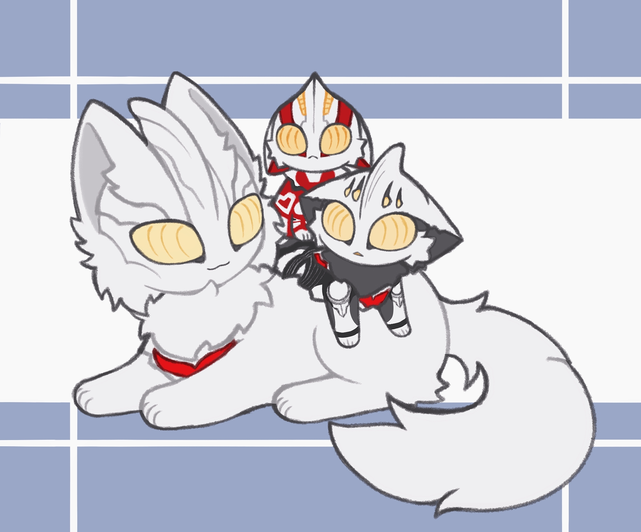 ultraman nexus, ultraman nexus anphans, ultraman noa, ultraman the next, ultraman the next junis, ultra series, highres, :3, alien, animal, animal focus, animalization, baby animal, blue background, cat, chest fur, closed mouth, color timer, dorsal fin, droopy ears, father and son, floppy ears, fluffy, grey cat, kitten, ling ayi, looking at another, looking at viewer, no humans, on animal, parted lips, smile, two-tone background, white background, yellow eyes