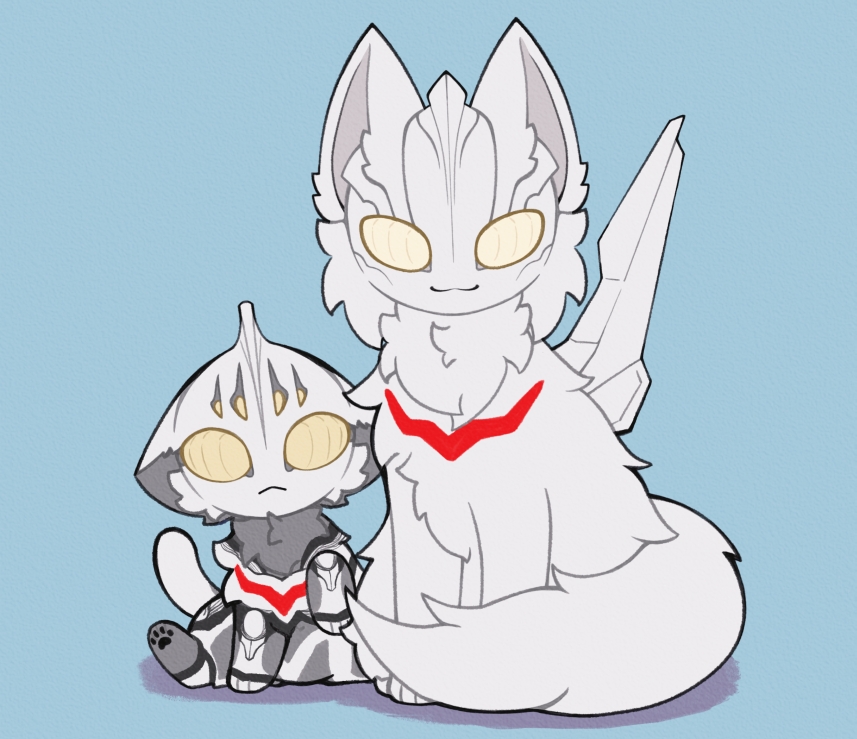 ultraman nexus, ultraman nexus anphans, ultraman noa, ultra series, :3, alien, animal, animal focus, animalization, baby animal, blue background, cat, chest fur, closed mouth, color timer, dorsal fin, droopy ears, father and son, fluffy, grey cat, kitten, ling ayi, looking at viewer, no humans, simple background, sitting, smile, yellow eyes