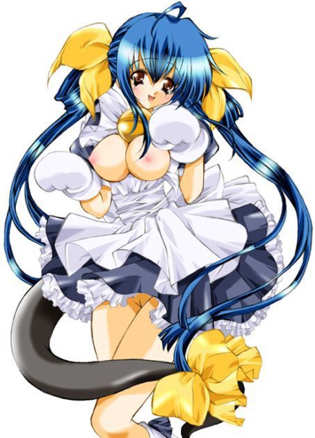 yukiwo, dejiko, dizzy (guilty gear), arc system works, guilty gear, third-party edit, 1girl, blue hair, bottomless, breasts, cosplay, female focus, large breasts, long hair, maid, no panties, simple background, solo, white background