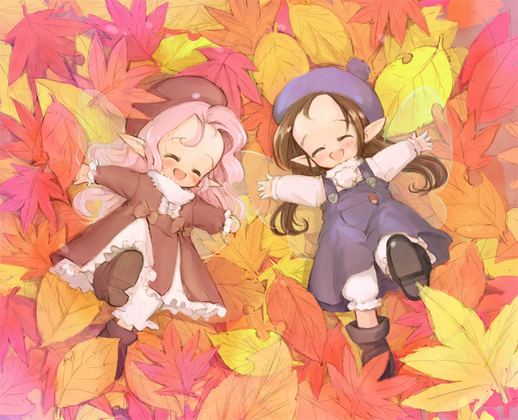 original, tagme, 2girls, ^ ^, autumn, autumn leaves, closed eyes, fairy, leaf, multiple girls, pointy ears, wavy hair