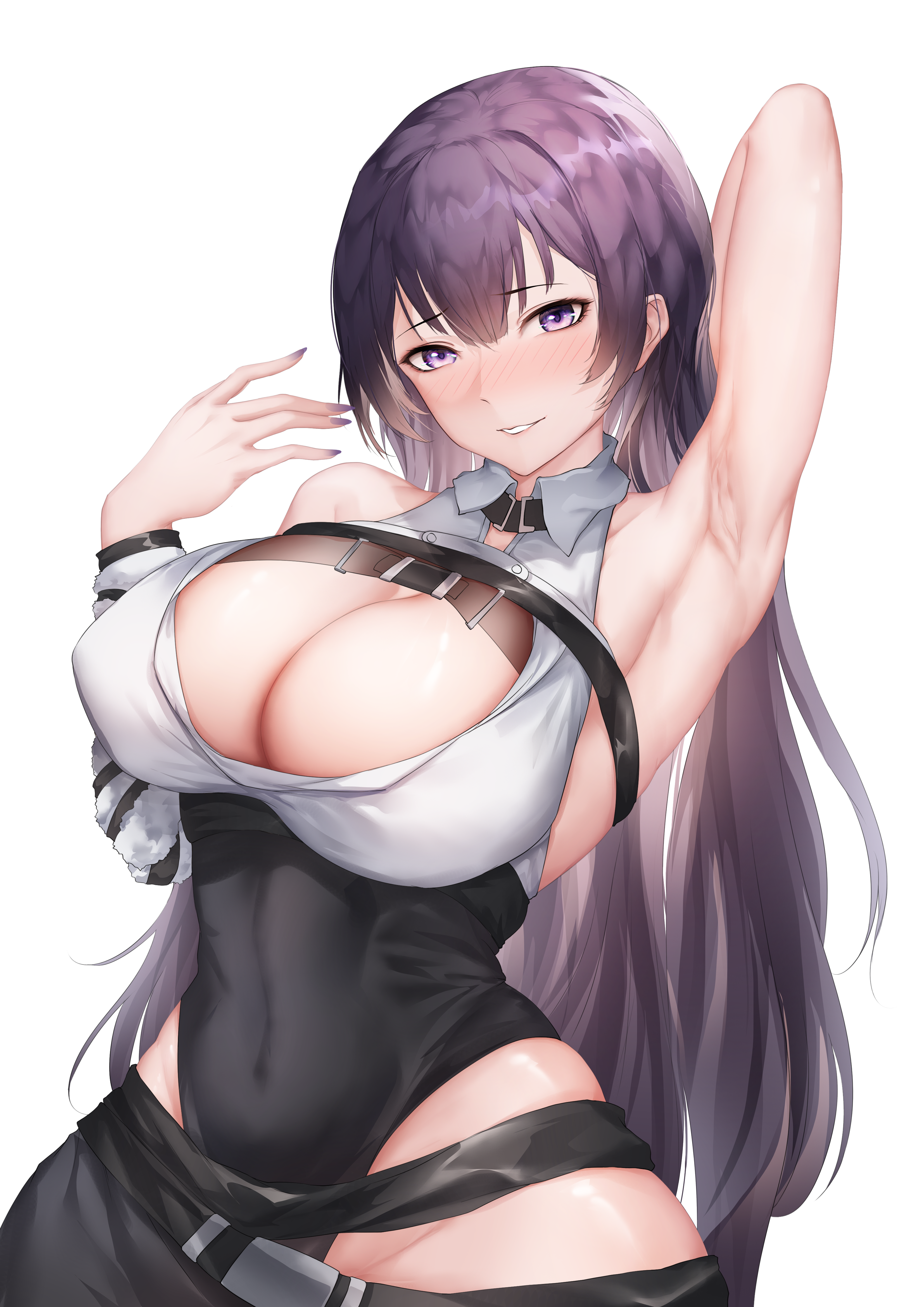 thatob, girls' frontline, girls' frontline neural cloud, absurdres, chinese commentary, commentary, highres, 1girl, arm behind head, arm up, armpits, bare shoulders, black leotard, blush, breasts, chest harness, cleavage, covered navel, feet out of frame, harness, large breasts, leotard, long hair, looking at viewer, nail polish, open mouth, presenting armpit, purple eyes, purple hair, purple nails, sangoma (neural cloud), smile, solo, standing, white background