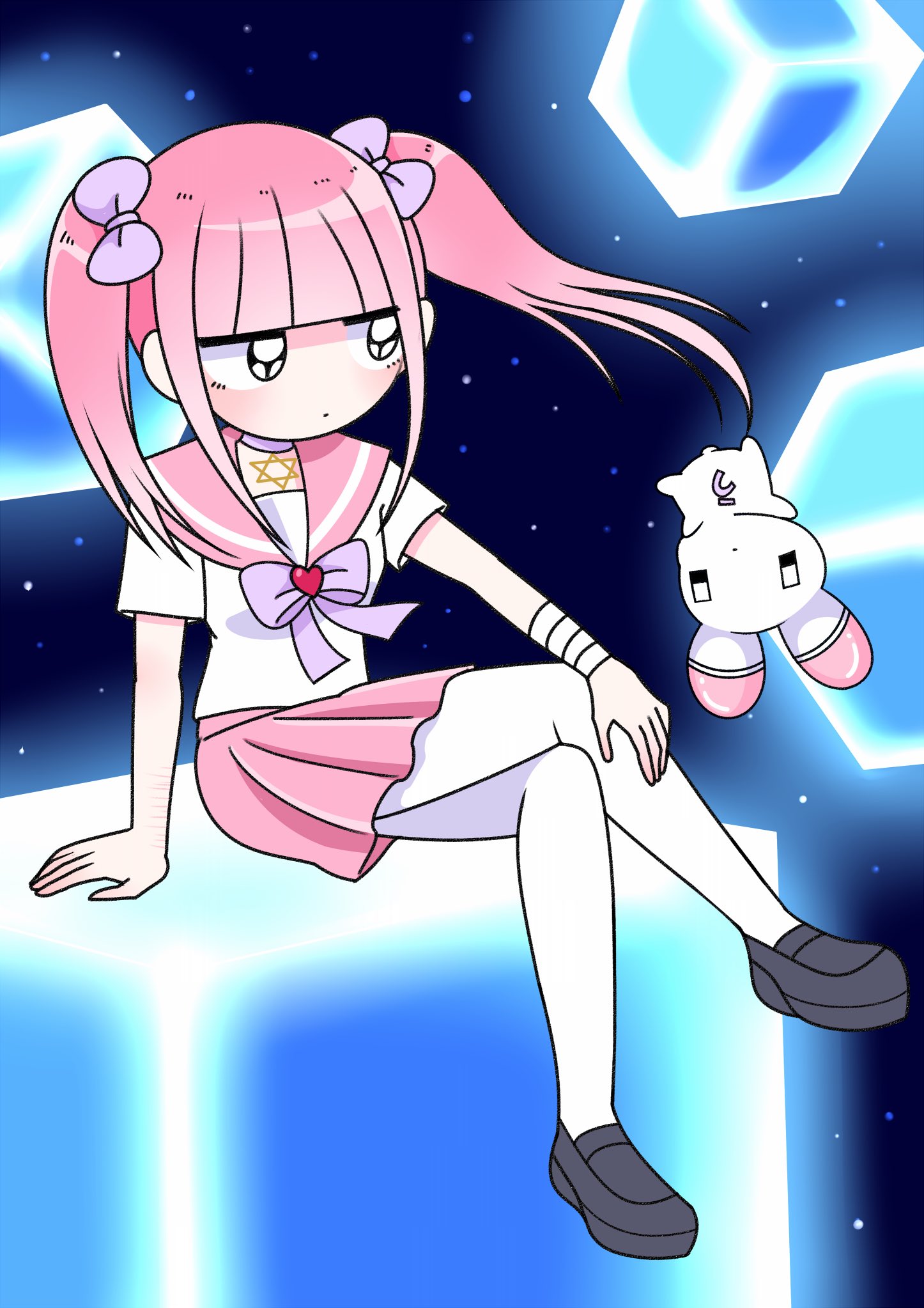 ezaki bisuko, menhera-chan (ezaki bisuko) (character), menhera-chan (ezaki bisuko), highres, 1girl, animal, bandaged arm, bandages, black eyes, black shoes, blunt bangs, bow, choker, closed mouth, cube, expressionless, floating, floating hair, hair bow, heart, hexagram, jewelry, jitome, light blush, necklace, outer glow, pink hair, pink sailor collar, pink skirt, purple bow, purple choker, rabbit, sailor collar, school uniform, serafuku, shoes, sitting, skirt, space, star (symbol), star of david, thighhighs, twintails, white serafuku, white thighhighs