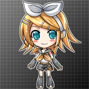 yoshida inuhito, kagamine rin, vocaloid, lowres, 1girl, arm tattoo, arms at sides, belt, black boots, black shorts, blonde hair, blush stickers, boots, chibi, closed mouth, detached sleeves, female focus, gradient background, hair ornament, hair ribbon, hairclip, headset, knee boots, long hair, looking at viewer, ribbon, school uniform, serafuku, short hair, short sleeves, shorts, smile, solo, swept bangs, tareme, tattoo, white ribbon