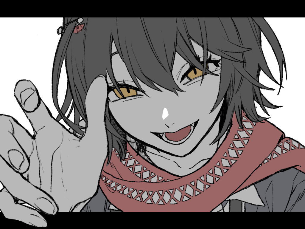 mashiro meme, mashiro meme (1st costume), nijisanji, 1boy, black border, black hair, border, fangs, goringo2828, hair between eyes, letterboxed, looking at viewer, male focus, open mouth, outside border, reaching, reaching towards viewer, red scarf, scarf, short hair, smile, solo, teeth, upper body, virtual youtuber, yellow eyes