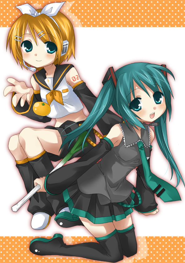 shiratama, shiratama yomogi, hatsune miku, kagamine rin, vocaloid, 2girls, :d, aqua eyes, aqua hair, bare shoulders, blonde hair, blouse, blush, boots, bow, detached sleeves, floating, food, fruit, hair ornament, hairclip, headphones, headset, holding, kneeling, leg warmers, looking at viewer, midriff, multiple girls, necktie, open mouth, orange (fruit), pleated skirt, shirt, shoes, shorts, skirt, sleeveless, sleeveless shirt, smile, spring onion, star (symbol), thigh boots, thighhighs, treble clef, twintails, white shirt, zettai ryouiki