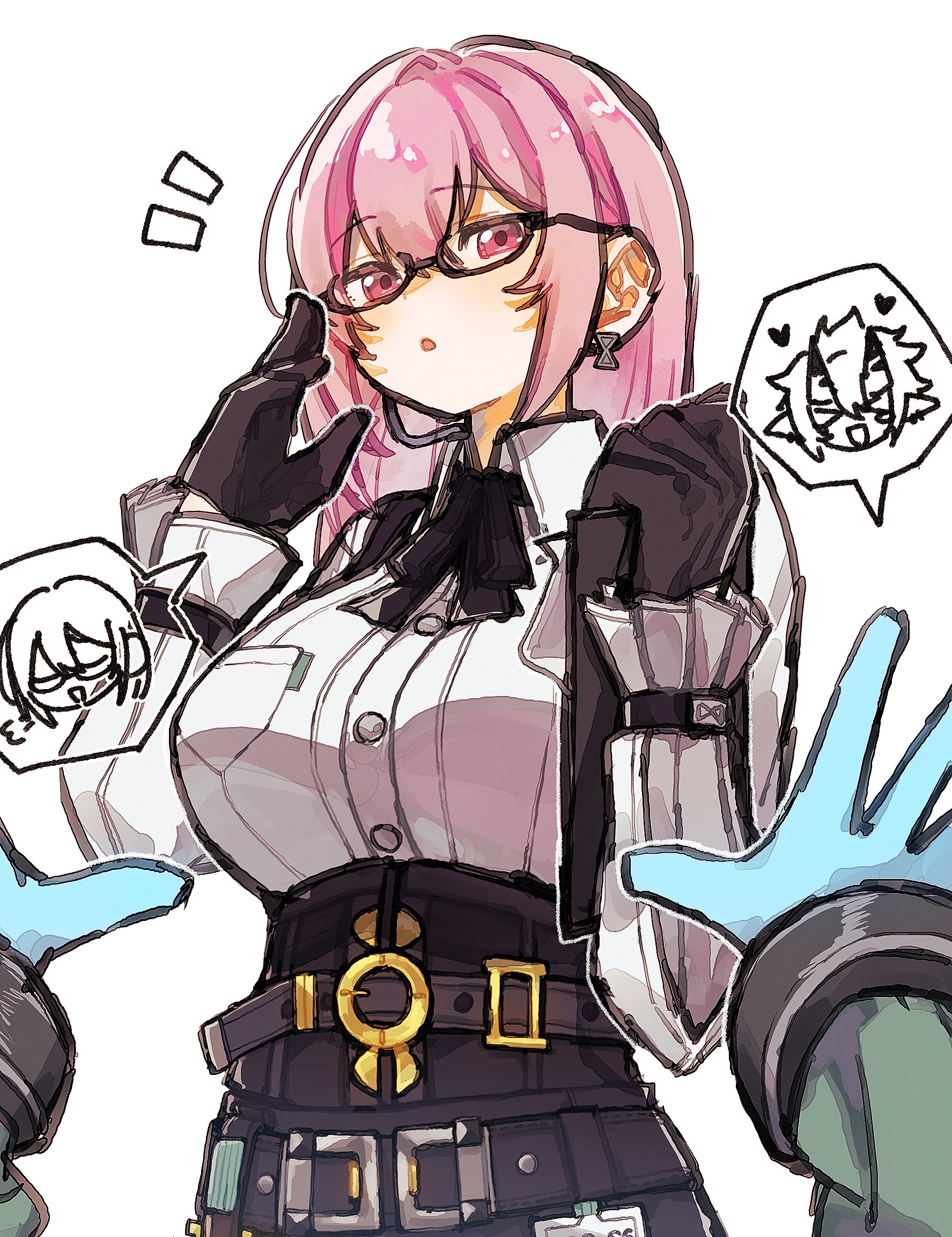 nandaka 0103, soukaku (zenless zone zero), tsukishiro yanagi, zenless zone zero, commentary request, highres, > <, 2girls, black gloves, black ribbon, blue skin, breasts, clipboard, collared shirt, colored skin, earrings, glasses, gloves, hair between eyes, heart, holding, holding clipboard, jewelry, large breasts, long hair, long sleeves, looking at viewer, multiple girls, neck ribbon, parted lips, pink eyes, pink hair, pov, puff of air, ribbon, shirt, simple background, solo focus, white background, white shirt