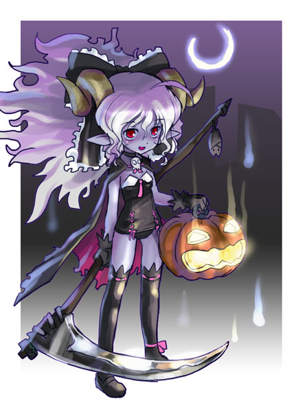 katahira masashi, bow, cape, choker, frills, full body, gloves, hair bow, horns, jack-o'-lantern, moon, pumpkin, ribbon, scythe, solo, standing, thighhighs
