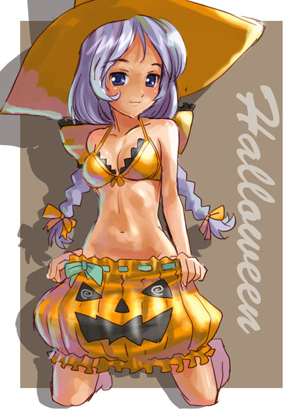 katahira masashi, 1girl, bloomers, bow, braid, bubble skirt, female focus, full body, hair bow, halloween, hat, jack-o'-lantern, kneeling, midriff, orange skirt, pumpkin, skirt, solo, twin braids, underwear, witch hat