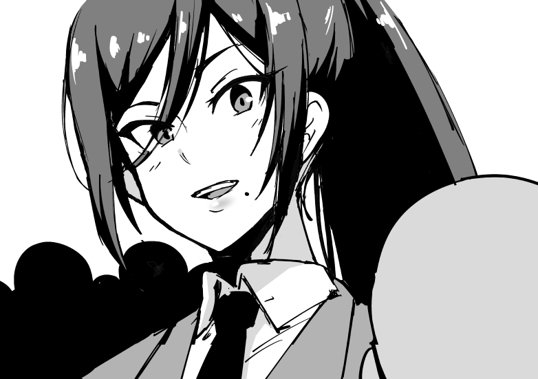 fan no hitori, kumashiro reika, jk taimabu, 1boy, 1girl, blazer, blush, crowd, faceless, faceless male, greyscale, hair between eyes, high ponytail, jacket, looking at another, mole, monochrome, necktie, open mouth, ponytail, portrait, school uniform, shirt, sidelocks, simple background, smile, swept bangs, teeth, upper teeth only, white background