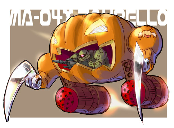 katahira masashi, spoo, zakrello, zaku, gundam, mobile suit gundam, okaasan to issho, jack-o'-lantern, mecha, no humans, parody, pumpkin, robot