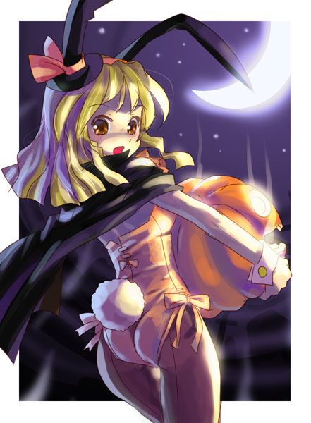 katahira masashi, 1girl, animal ears, cape, cowboy shot, fake animal ears, female focus, halloween, jack-o'-lantern, leotard, moon, pantyhose, playboy bunny, pumpkin, rabbit ears, solo, wrist cuffs