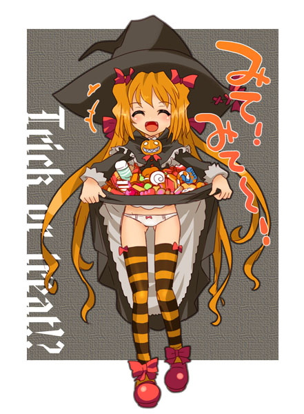 katahira masashi, 1girl, bow, candy, candy cane, female focus, food, full body, grey background, hair bow, halloween, hat, lollipop, multiple hair bows, orange thighhighs, panties, pantyshot, skirt basket, solo, standing, striped clothes, striped thighhighs, thighhighs, trick or treat, underwear, witch hat
