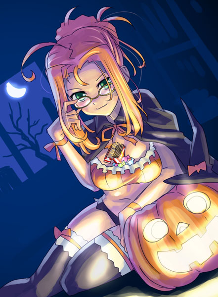 katahira masashi, original, 1girl, between breasts, blonde hair, breasts, cape, female focus, food, glasses, green eyes, halloween, hat, jack-o'-lantern, lingerie, midriff, moon, pocky, ponytail, pumpkin, solo, thighhighs, underwear, witch hat
