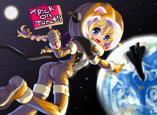 katahira masashi, 1girl, ass, astronaut, braid, earth (planet), female focus, halloween, jack-o'-lantern, moon, planet, pumpkin, science fiction, solo, space, space shuttle, spacecraft, spaceplane, spacesuit, trick or treat, twin braids