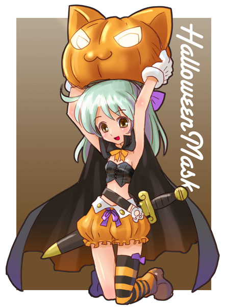 katahira masashi, :3, belt, bloomers, bow, cape, full body, gloves, hair bow, halloween, jack-o'-lantern, orange bloomers, pumpkin, solo, striped clothes, striped thighhighs, sword, thighhighs, underwear, weapon