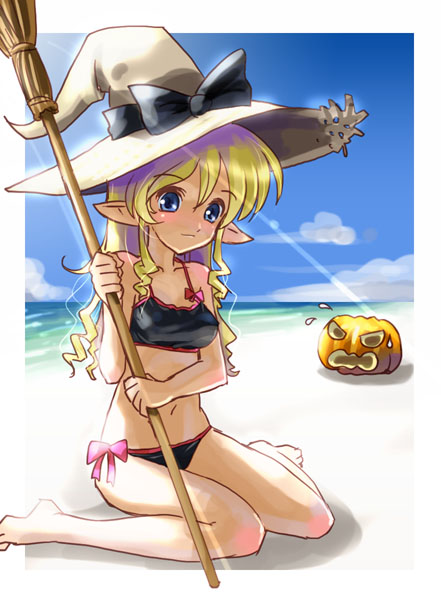 katahira masashi, 1girl, barefoot, beach, bikini, black bikini, blonde hair, blue eyes, broom, day, elf, female focus, hat, jack-o'-lantern, ocean, outdoors, pointy ears, pumpkin, side-tie bikini bottom, sky, solo, swimsuit, water, witch hat