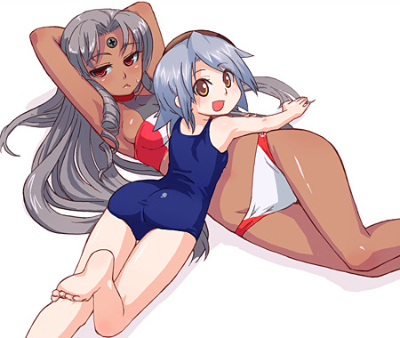 visbou, vista-tan, vistake, os-tan, silver hair, lowres, 2girls, bikini, dark-skinned female, dark skin, multiple girls, one-piece swimsuit, school swimsuit, swimsuit