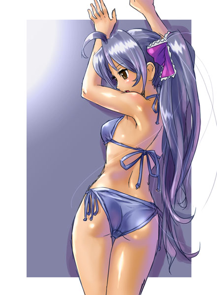 katahira masashi, bikini, blue bikini, bow, cowboy shot, hair bow, halterneck, long hair, outside border, ponytail, ribbon, side-tie bikini bottom, solo, swimsuit, very long hair