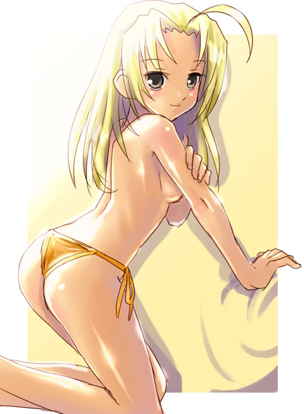katahira masashi, 1girl, ahoge, ass, back, bikini, blonde hair, breasts, brown eyes, female focus, long hair, medium breasts, orange bikini, side-tie bikini bottom, solo, swimsuit, topless female