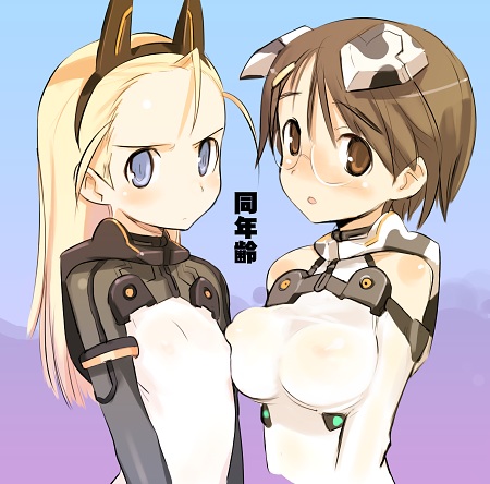 shimada fumikane, elise von dietrich, fujieda nanae, sky girls, lowres, translated, 00s, 2girls, animal ears, asymmetrical docking, blonde hair, blue eyes, blush, breast envy, breast press, breasts, brown eyes, brown hair, cow ears, cow girl, flat chest, glasses, huge breasts, leotard, long hair, mecha pilot suit, motion slit, motionslit, multiple girls, nipples, see-through clothes, short hair, standing, yuri