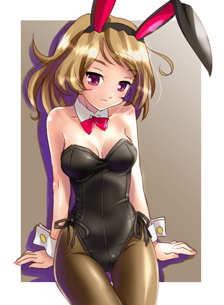 katahira masashi, 1girl, animal ears, breasts, brown hair, cowboy shot, fake animal ears, female focus, leotard, medium breasts, outside border, pantyhose, playboy bunny, purple eyes, rabbit ears, solo, wrist cuffs