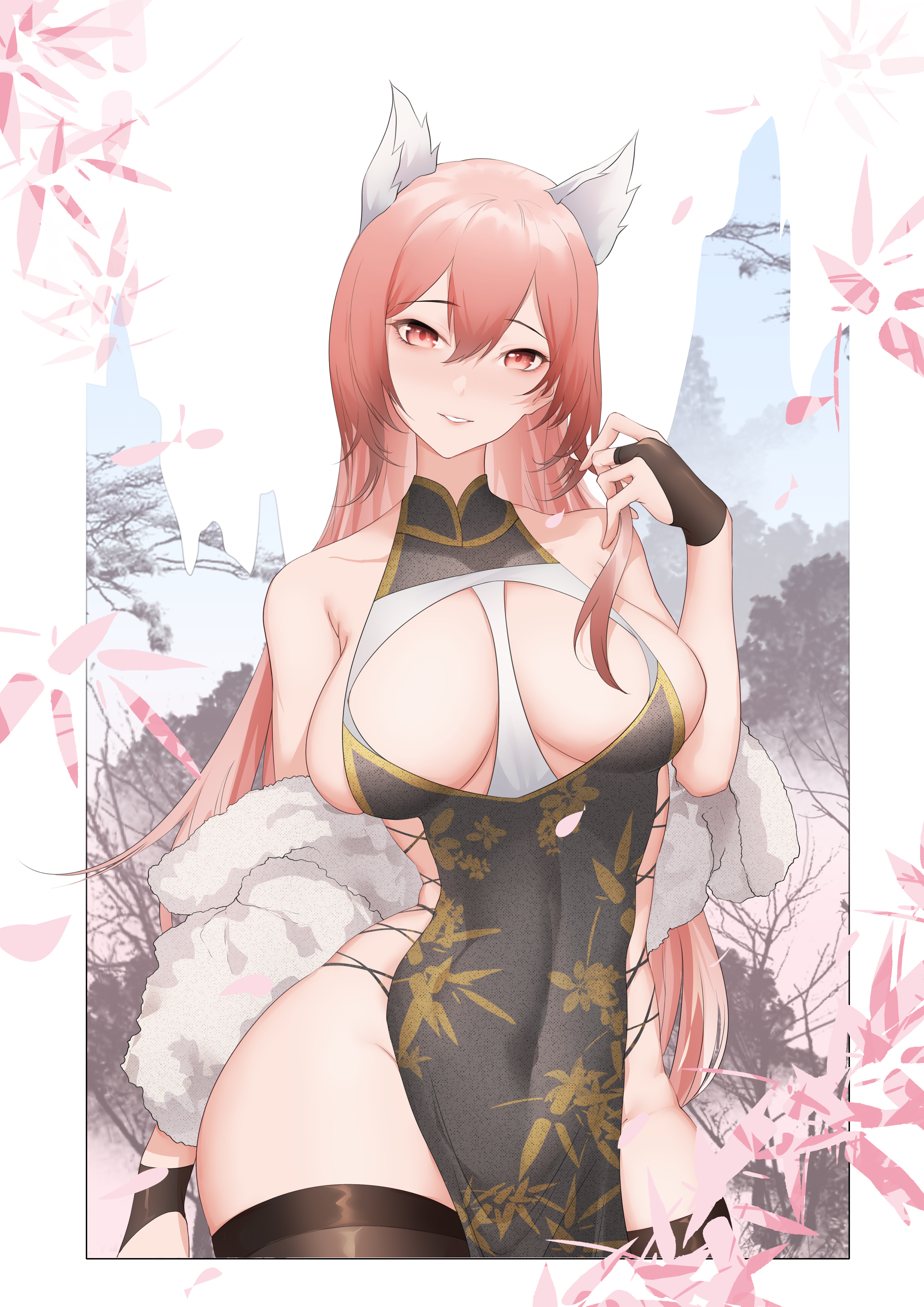 thatob, persicaria (neural cloud), girls' frontline, girls' frontline neural cloud, absurdres, chinese commentary, commentary, highres, 1girl, animal ear fluff, arm behind back, bare shoulders, black dress, black gloves, black thighhighs, blush, breasts, china dress, chinese clothes, covered navel, dress, feet out of frame, fingerless gloves, floral background, gloves, hand in own hair, light smile, long hair, looking at viewer, medium breasts, official alternate costume, open mouth, parted lips, pink hair, red eyes, sidelocks, solo, standing, strapless, strapless dress, thighhighs, thighs, white background