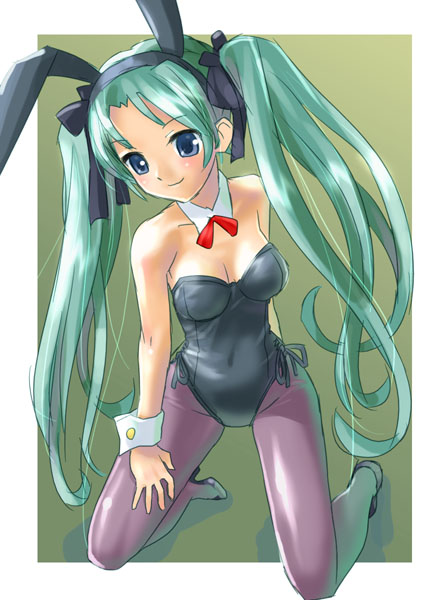 katahira masashi, animal ears, arm behind back, bow, breasts, cleavage, fake animal ears, hair bow, kneehighs, leotard, long hair, outside border, pantyhose, playboy bunny, rabbit ears, socks, solo, twintails, very long hair, wrist cuffs