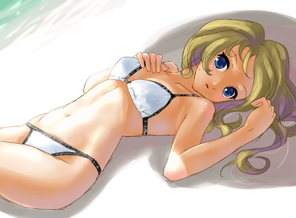 katahira masashi, original, 1girl, beach, bikini, blonde hair, blue eyes, cowboy shot, day, female focus, long hair, lying, on back, outdoors, solo, swimsuit, tan, water, white bikini