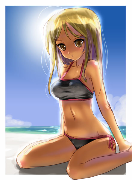 katahira masashi, beach, bikini, day, midriff, ocean, outdoors, side-tie bikini bottom, sitting, sky, solo, swimsuit, wariza