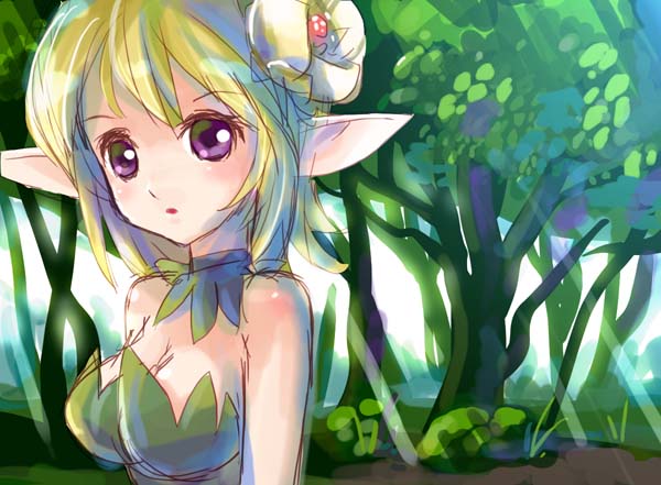 katahira masashi, tagme, elf, flower, forest, nature, pointy ears, solo