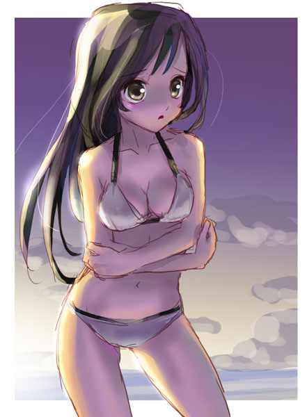 katahira masashi, bikini, cloud, cowboy shot, day, dusk, long hair, midriff, outside border, sky, solo, swimsuit, white bikini