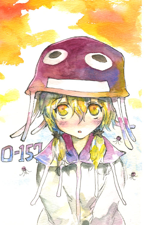 mizuta kenji, moyashimon, painting (medium), traditional media, watercolor (medium), 1girl, blonde hair, bow, female focus, hair bow, hat, hood, hoodie, simple background, solo, twintails