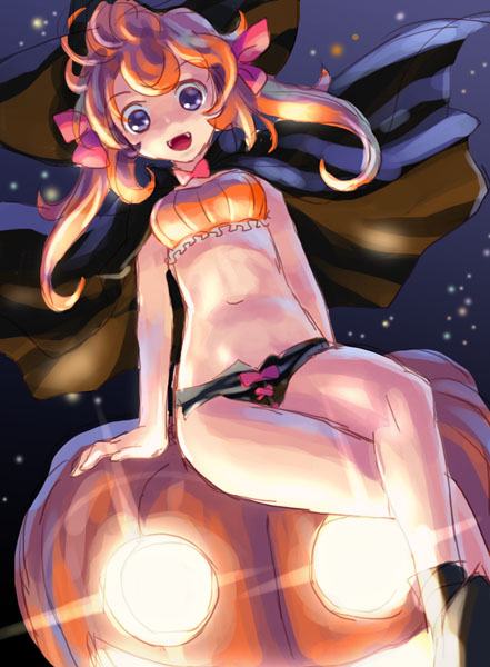 katahira masashi, 1girl, bow, cape, crossed legs, fang, fangs, female focus, hair bow, halloween, jack-o'-lantern, midriff, pumpkin, sitting, solo, twintails
