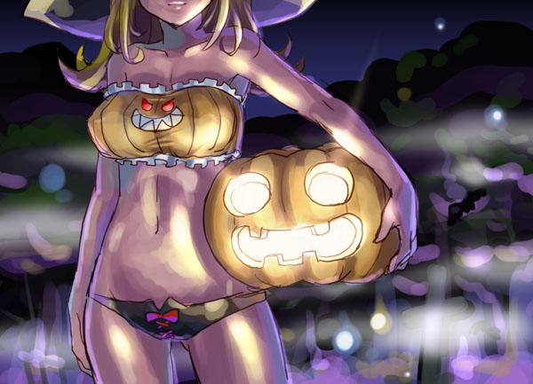 katahira masashi, tagme, cowboy shot, halloween, hat, jack-o'-lantern, midriff, pumpkin, pumpkin bra, solo