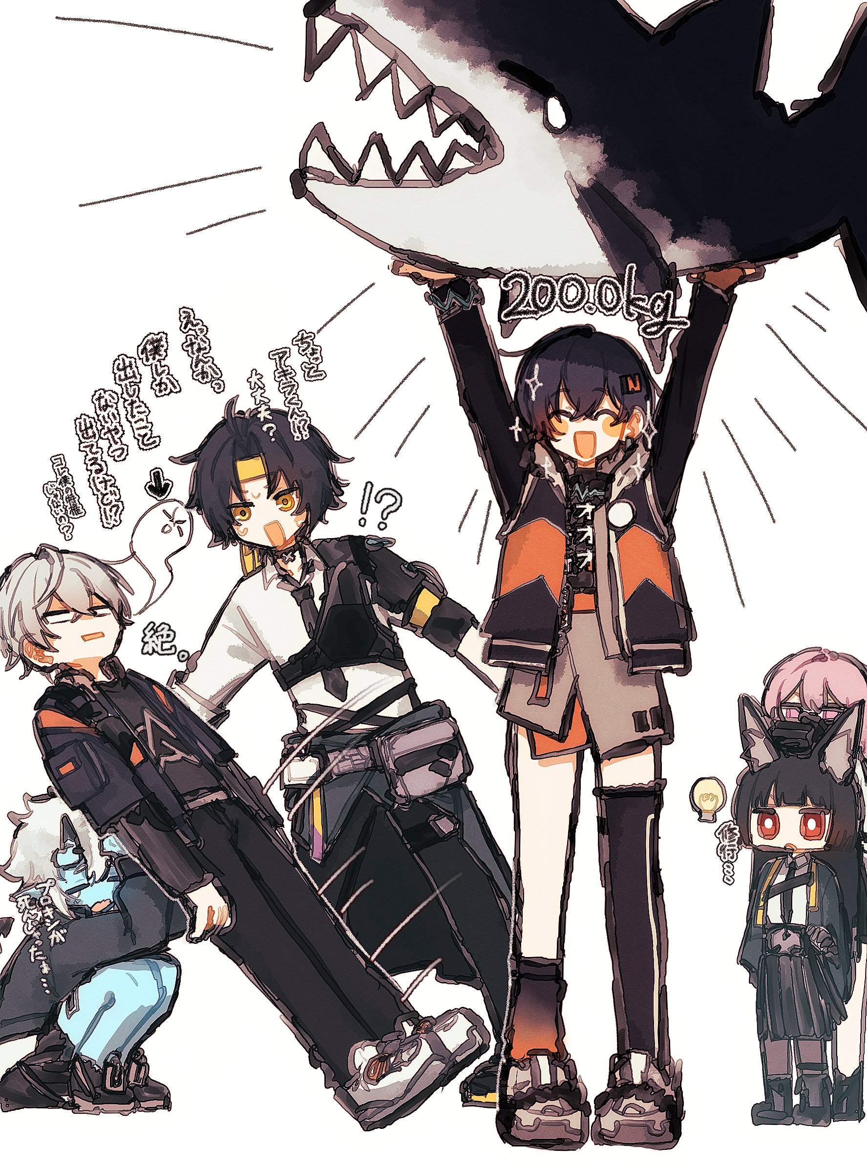 nandaka 0103, asaba harumasa, belle (zenless zone zero), hoshimi miyabi, soukaku (zenless zone zero), tsukishiro yanagi, wise (zenless zone zero), zenless zone zero, hashtag-only commentary, highres, translation request, !?, 2boys, 4girls, ^ ^, animal ears, arms up, black hair, black pants, blue skin, closed eyes, colored skin, fainted, fox ears, fox girl, giving up the ghost, grey hair, hair between eyes, hair ornament, holding shark, horns, light bulb, long hair, multiple boys, multiple girls, pants, pink hair, red eyes, shark, short hair, simple background, sitting, sparkle, standing, white background