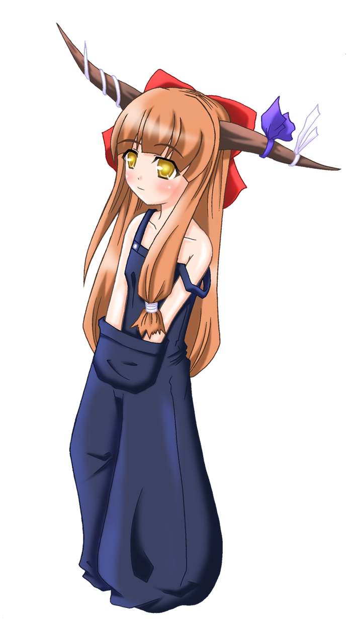 yua (artist), ibuki suika, touhou, highres, 1girl, blush, female focus, full body, horns, orange hair, overalls, simple background, solo, white background, yellow eyes
