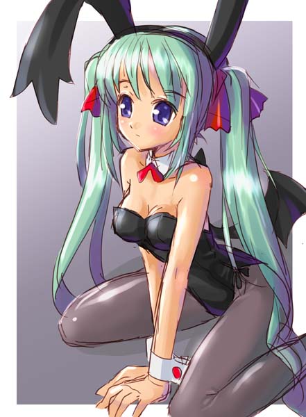 katahira masashi, animal ears, bat wings, fake animal ears, leotard, pantyhose, playboy bunny, rabbit ears, solo, twintails, wings, wrist cuffs