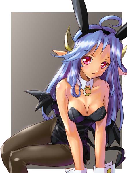 katahira masashi, 1girl, ahoge, animal ears, bat wings, breasts, cleavage, demon girl, detached collar, fake animal ears, female focus, horns, large breasts, leotard, looking at viewer, pantyhose, playboy bunny, pointy ears, rabbit ears, solo, wings, wrist cuffs