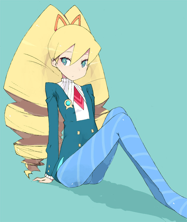 brws, luna platz (mega man), capcom, mega man (series), mega man star force (series), 00s, 1girl, big hair, blue background, blue eyes, blue jacket, blue pants, buttons, drill hair, female focus, full body, jacket, knees up, long hair, long sleeves, looking at viewer, necktie, pants, pantyhose, red necktie, simple background, solo, striped clothes, striped pantyhose, twin drills, twintails, very long hair