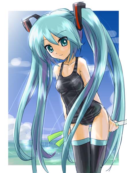 katahira masashi, hatsune miku, vocaloid, 1girl, beach, black one-piece swimsuit, blue hair, cowboy shot, day, female focus, long hair, one-piece swimsuit, school swimsuit, solo, spring onion, swimsuit, thighhighs, twintails, very long hair