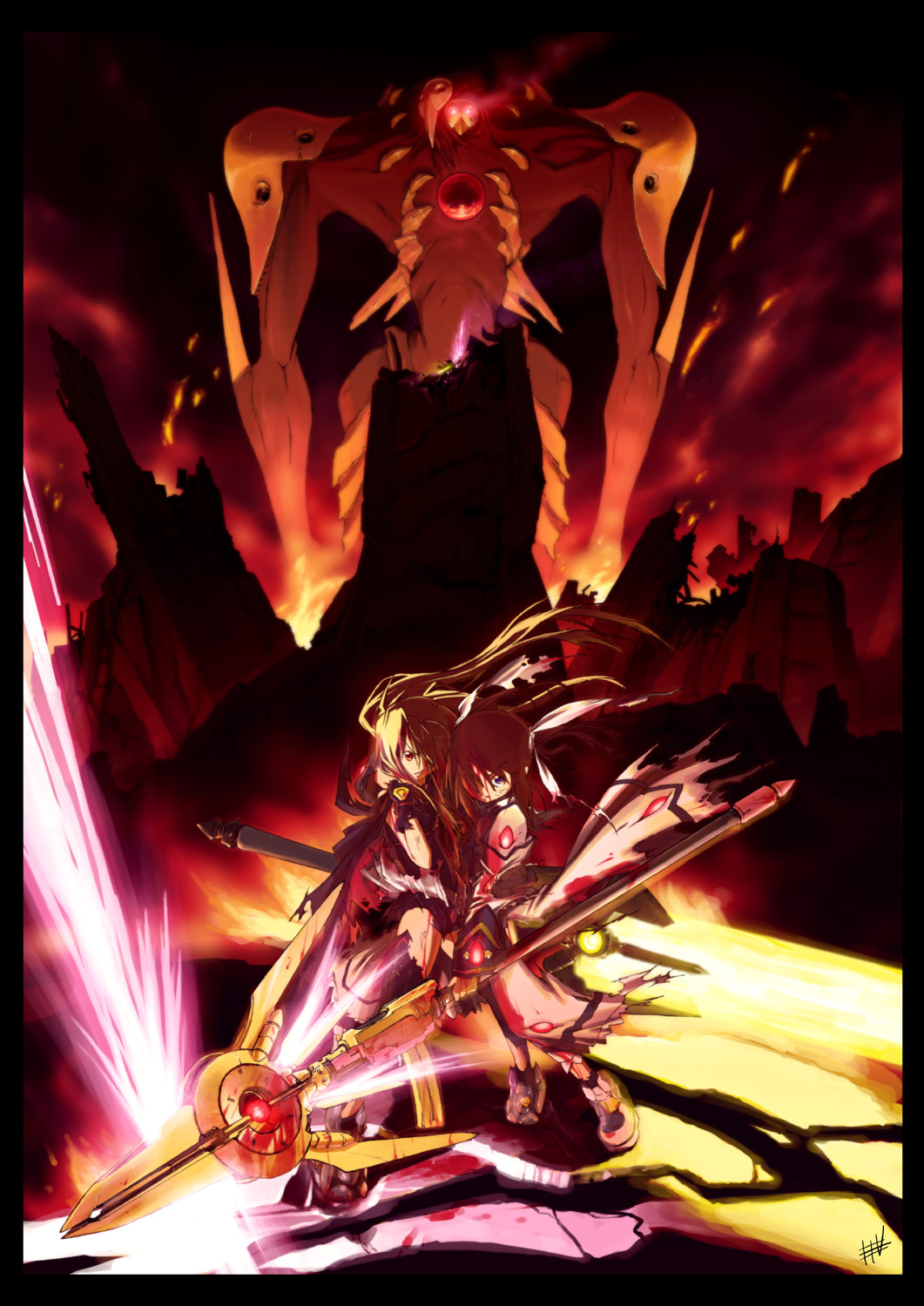wadatsumi garland, angel (evangelion), bardiche (nanoha), fate testarossa, raising heart, sachiel (evangelion), takamachi nanoha, lyrical nanoha, mahou shoujo lyrical nanoha, neon genesis evangelion, highres, 00s, 2girls, alternate weapon, black thighhighs, blonde hair, blood, blue eyes, brown hair, crossover, energy sword, energy wings, epic, fingerless gloves, gloves, hair ribbon, long hair, magazine (weapon), magical girl, multiple girls, purple eyes, red eyes, red hair, ribbon, ruins, serious, skirt, sword, thighhighs, torn clothes, twintails, weapon, white devil, wings, you gonna get raped, zettai ryouiki