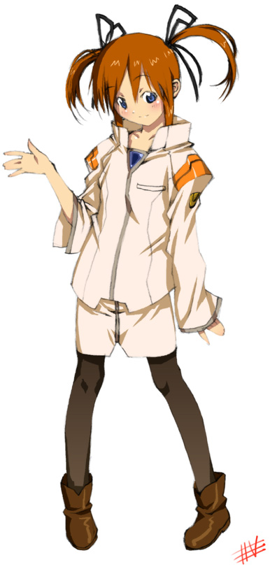 wadatsumi garland, takamachi nanoha, lyrical nanoha, mahou shoujo lyrical nanoha, neon genesis evangelion, blue eyes, blush, brown hair, cosplay, pantyhose, solo, twintails